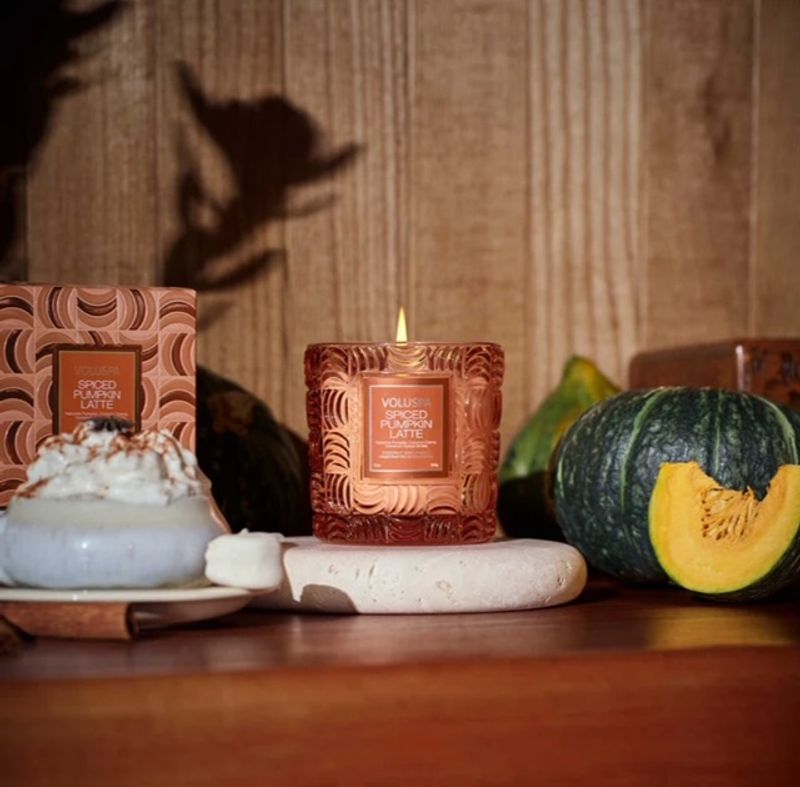 Voluspa spiced pumpkin latte, boxed candle