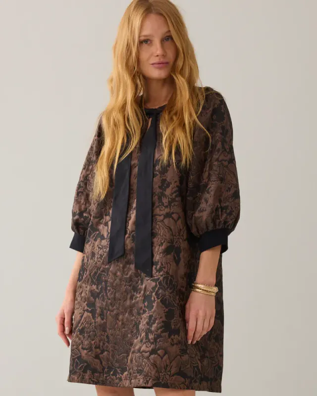Summum, a-line dress in jacquard, brun og sort