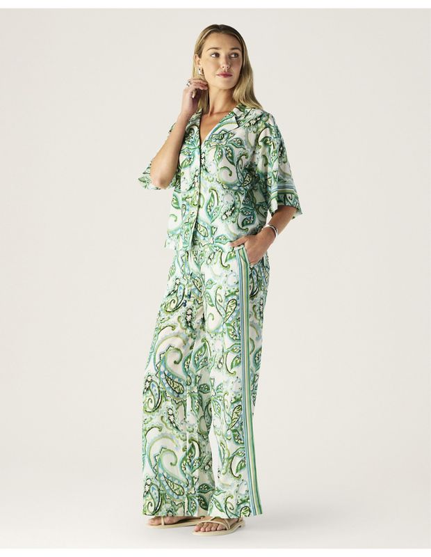 MOS Tara Print blouse, naturhvit med print i lyseblå og grønn toner