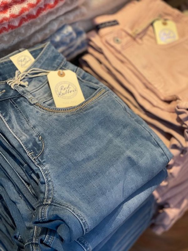 Red Button, Kate embroidered pockets, stone used