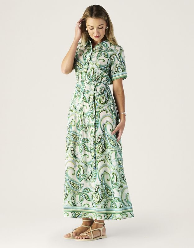 MOS Tara Print shirt dress, naturhvit med print i lyseblå og grønn toner
