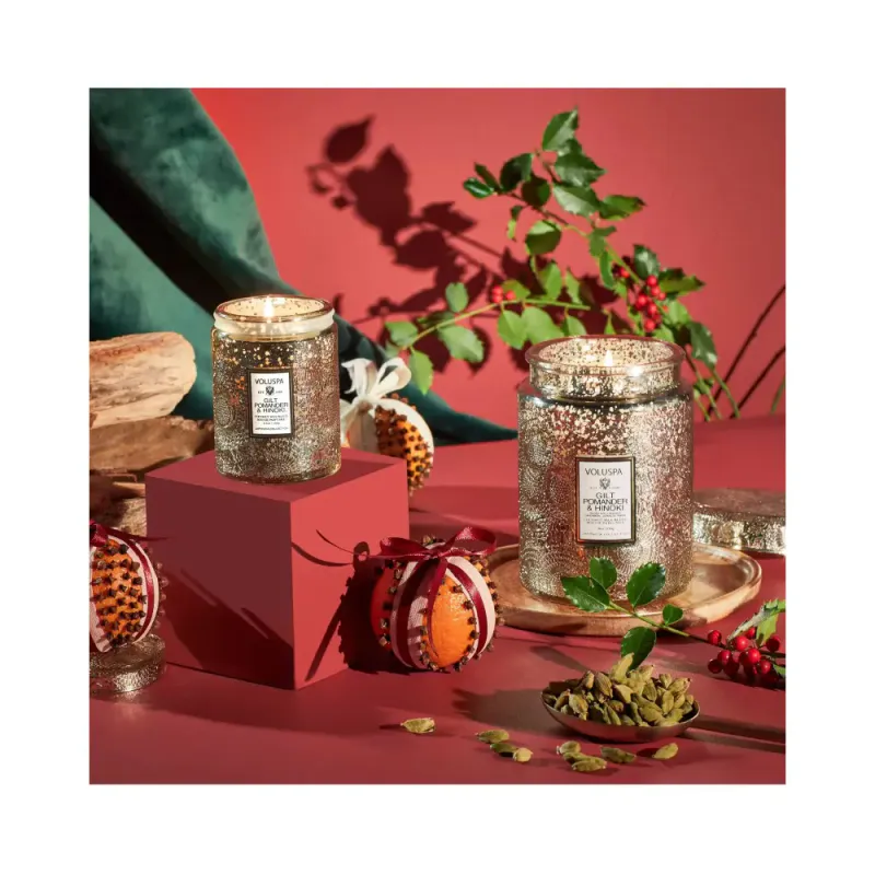 Voluspa large glass jar with glass lid, gilt pomander hinoki